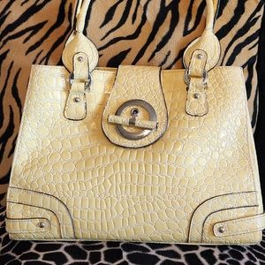 Light Yellow Vinyl Faux Croc Handbag/Purse Multi Compartment